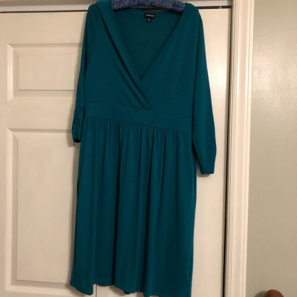 Belted teal sweater dress
